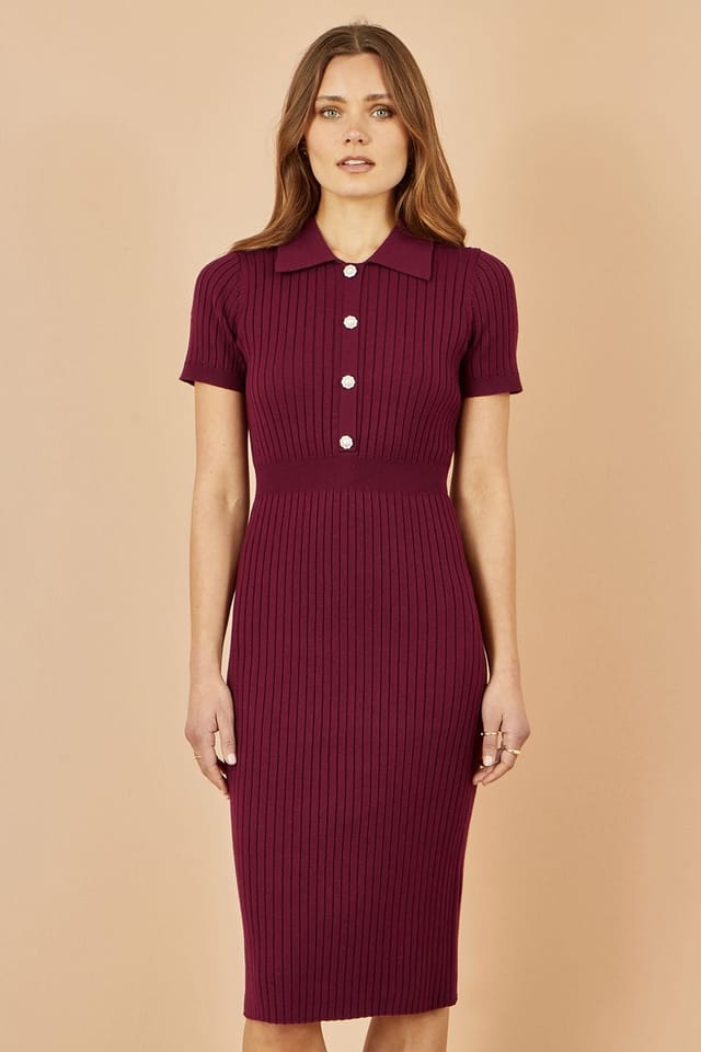Yumi Yumi Women's Burgundy Fitted Rib Knitted Midi Dress With Daisy Buttons - 2
