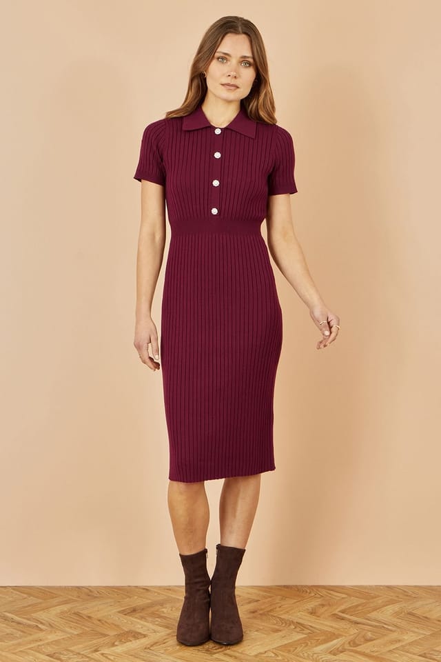 Yumi Yumi Women's Burgundy Fitted Rib Knitted Midi Dress With Daisy Buttons - 3