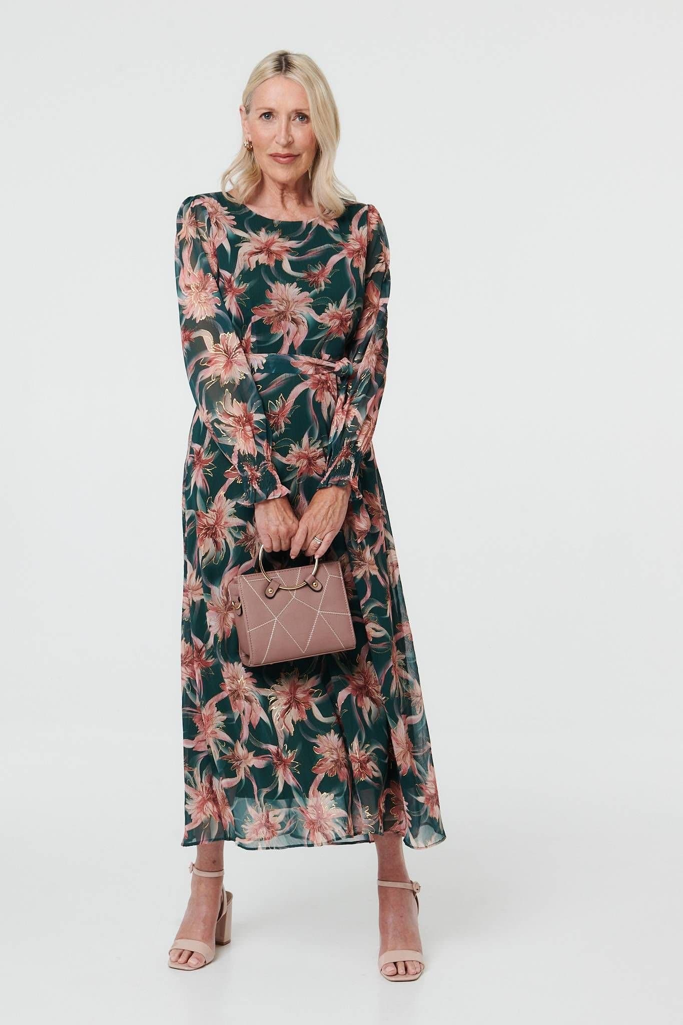 Izabel London Izabel London Women's Floral Tie Waist A-Line Maxi Dress in Green