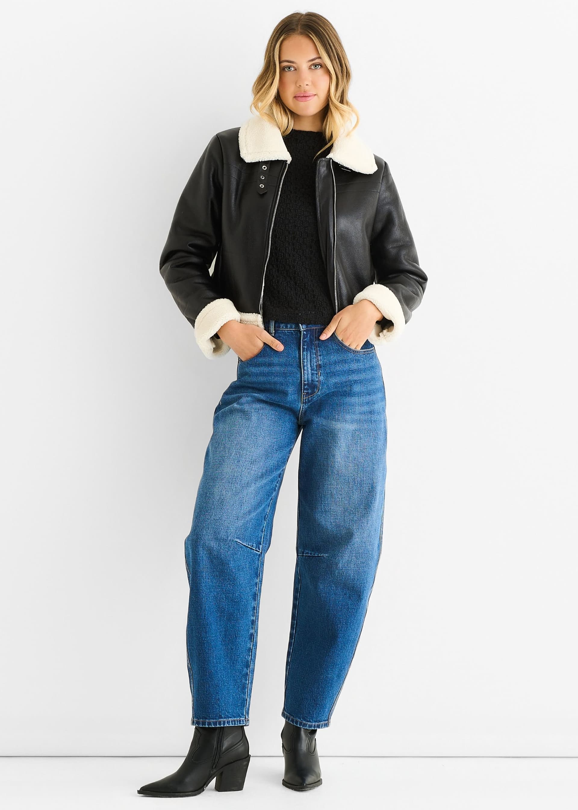 Gini London Gini London Women's Black Faux Leather Shearling Fur Aviator Jacket