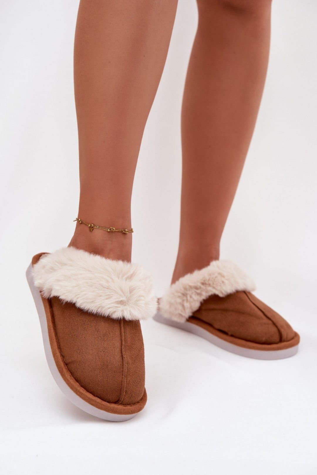 Love Lace Love Lace Women's Warm Insulated Suede Slippers with Fur Trim Covered Toes in Brown