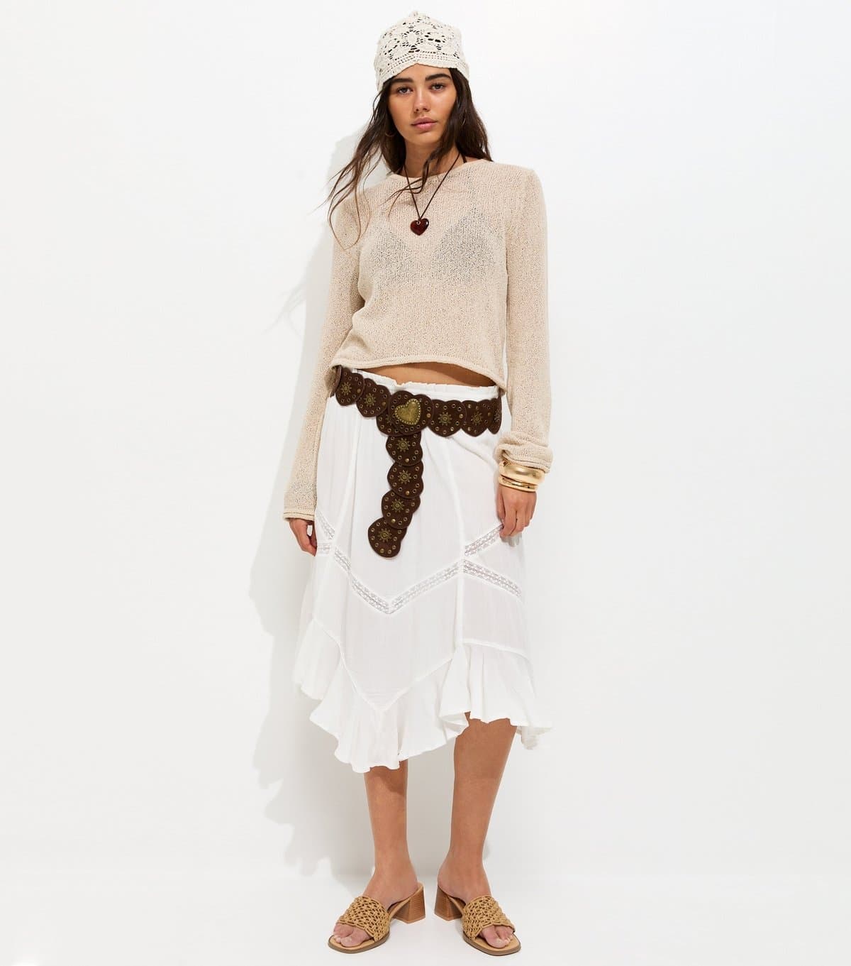 New Look New Look White Woven Asymmetric Lace Midi Skirt