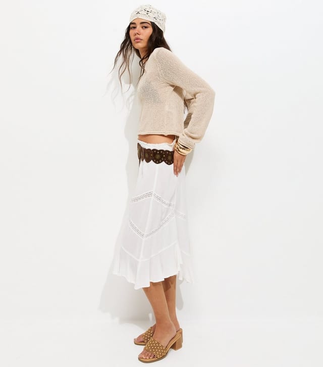 New Look Women's White Woven Asymmetric Lace Insert Midi Skirt New Look - 2
