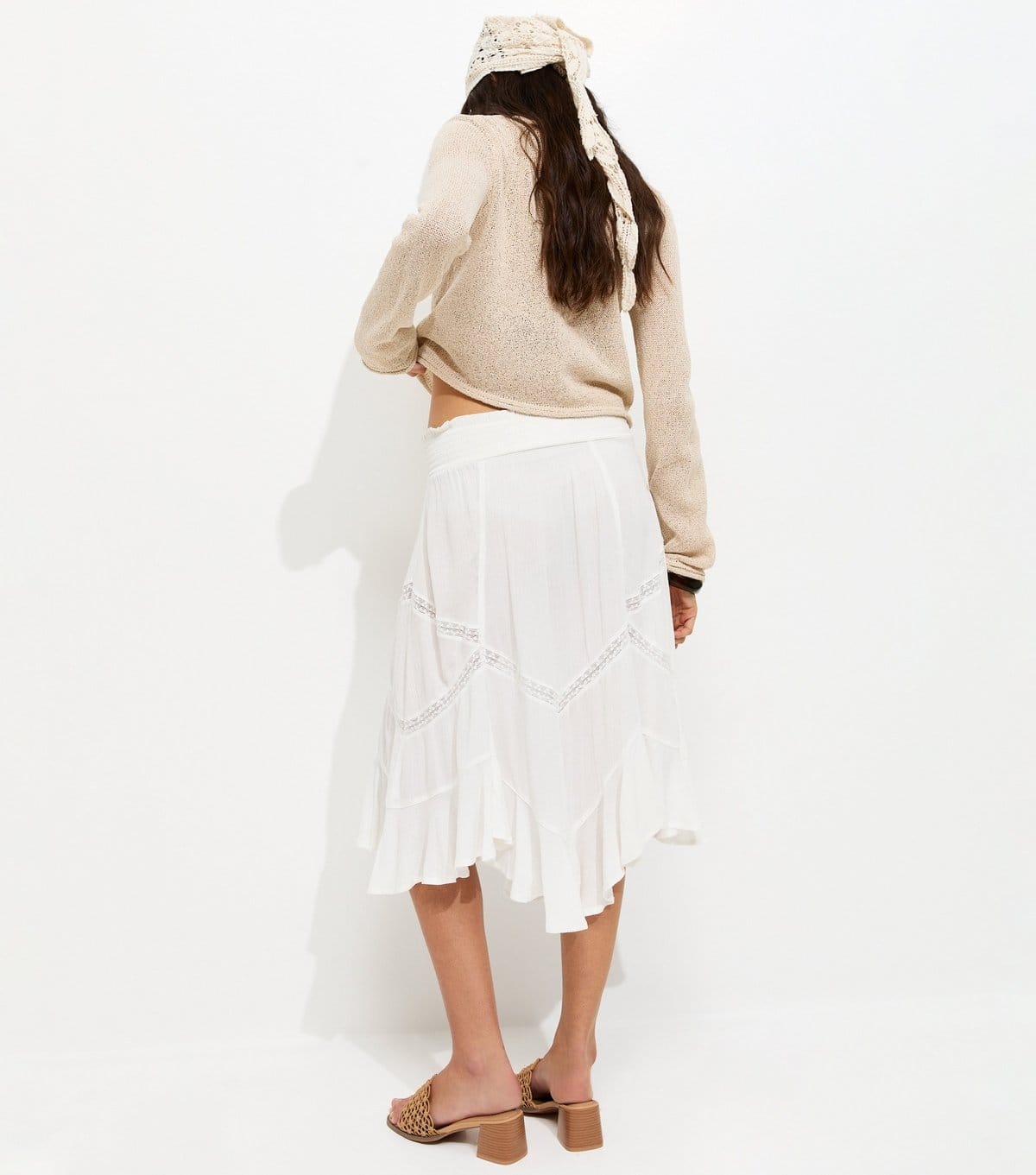 New Look Women's White Woven Asymmetric Lace Insert Midi Skirt New Look - 4