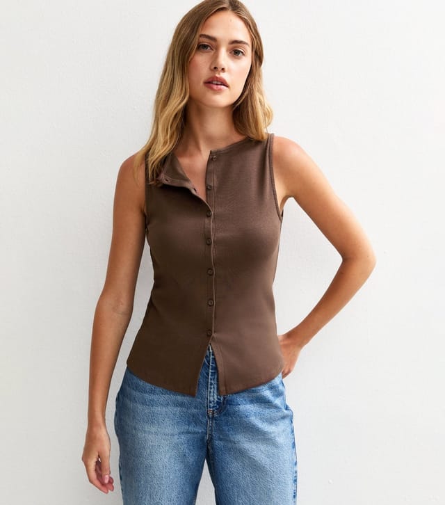 New Look Women's Dark Brown Ribbed Button Front Tank Top New Look - 3