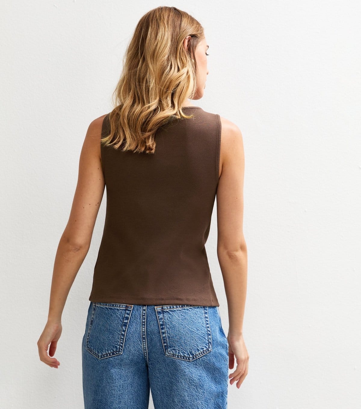 New Look Women's Dark Brown Ribbed Button Front Tank Top New Look - 4