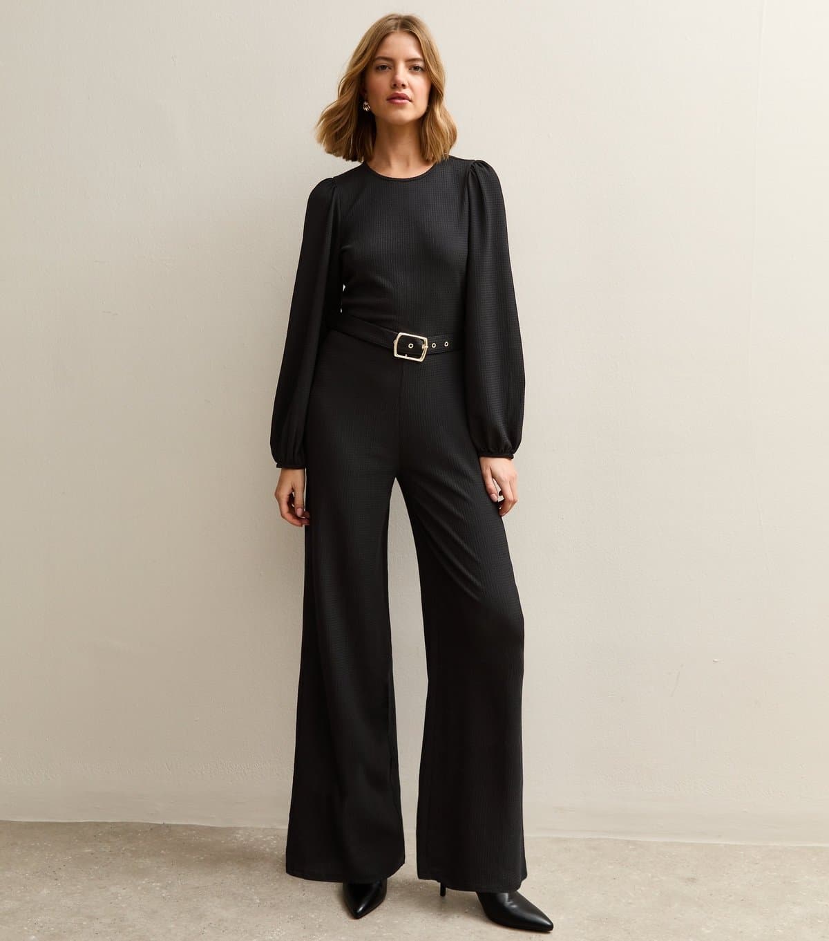 New Look New Look Black Crinkle Belted Wide Leg Jumpsuit