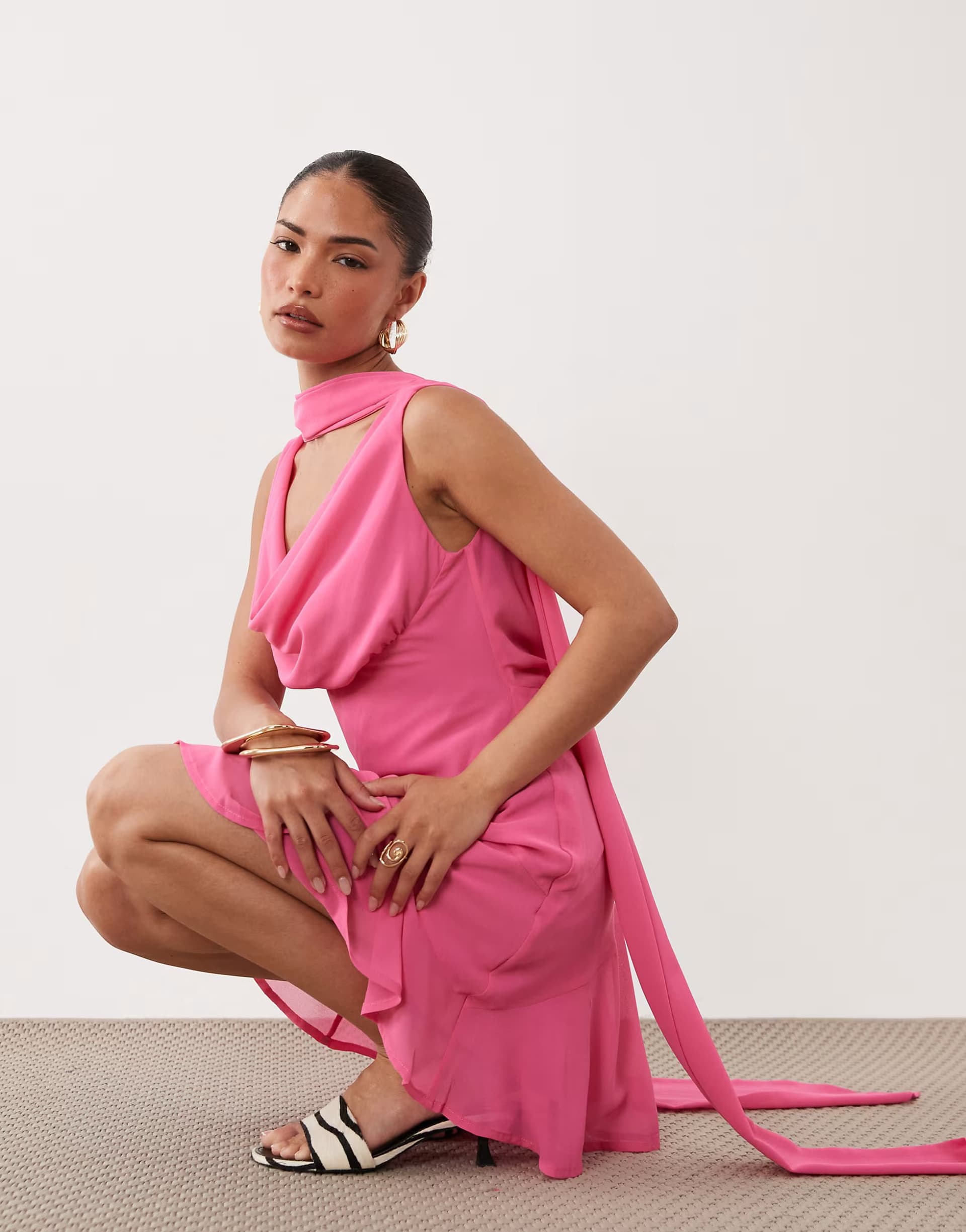 ASOS Never Fully Dressed Petite Sophie chiffon cowl neck scarf detail mini dress in pink