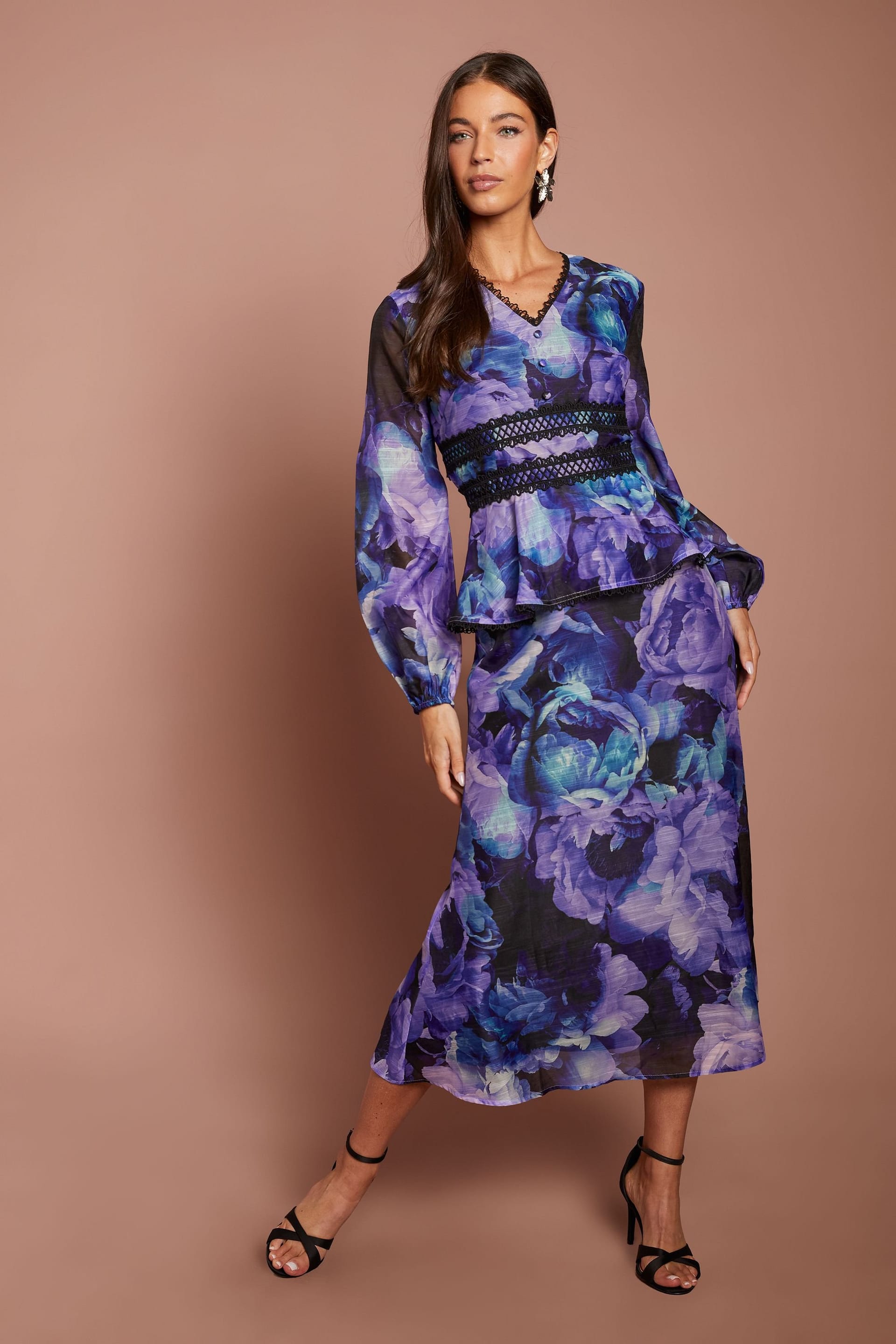 Coast Purple Printed Long Sleeve V Neck Peplum Midi Dress