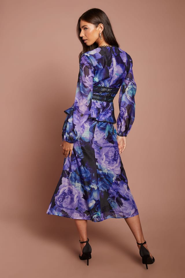 Coast Coast Women's Printed Long Sleeve V Neck Peplum Midi Dress in Purple - 3