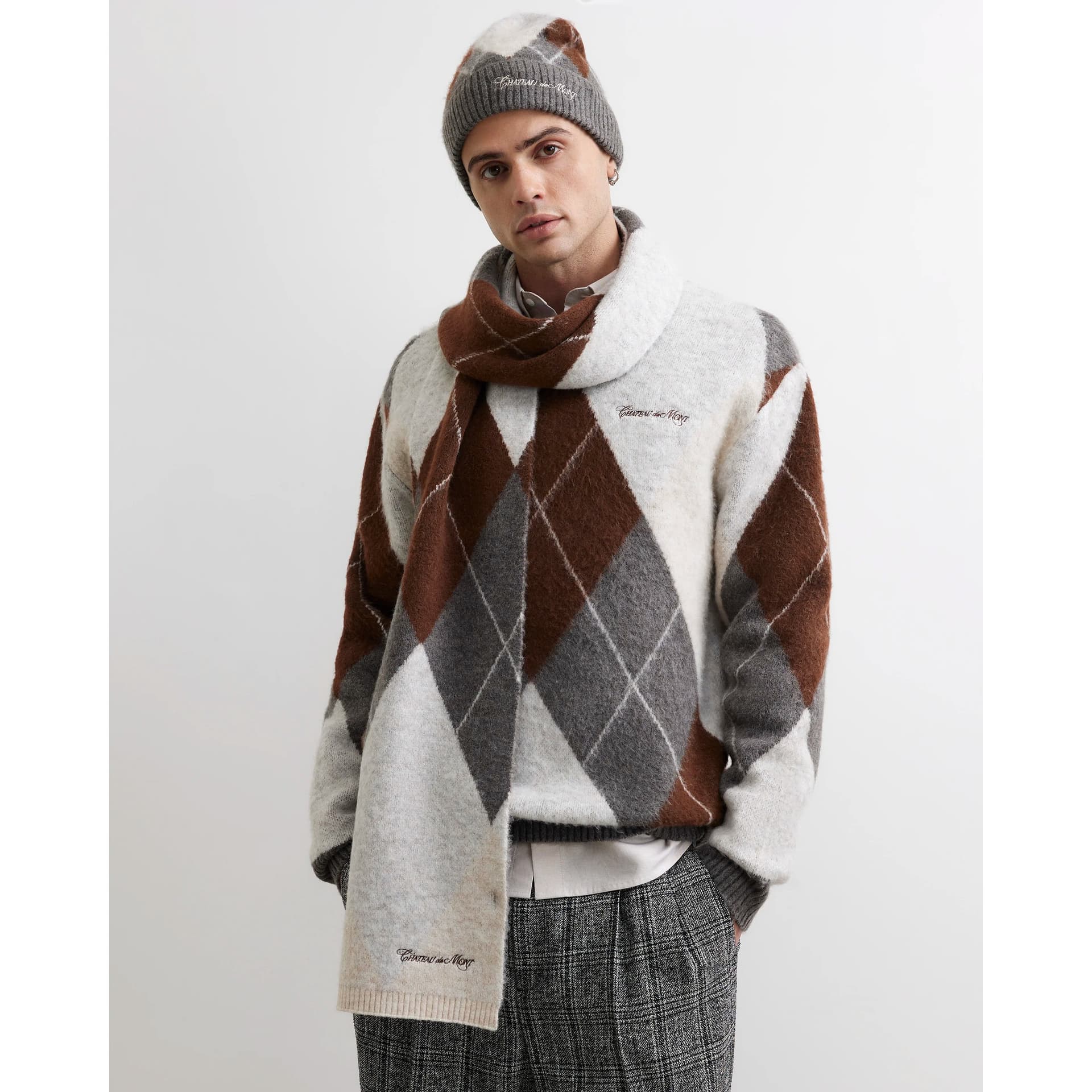 River Island Mens River Island Grey Argyle Cold Weather Scarf And Beanie Set
