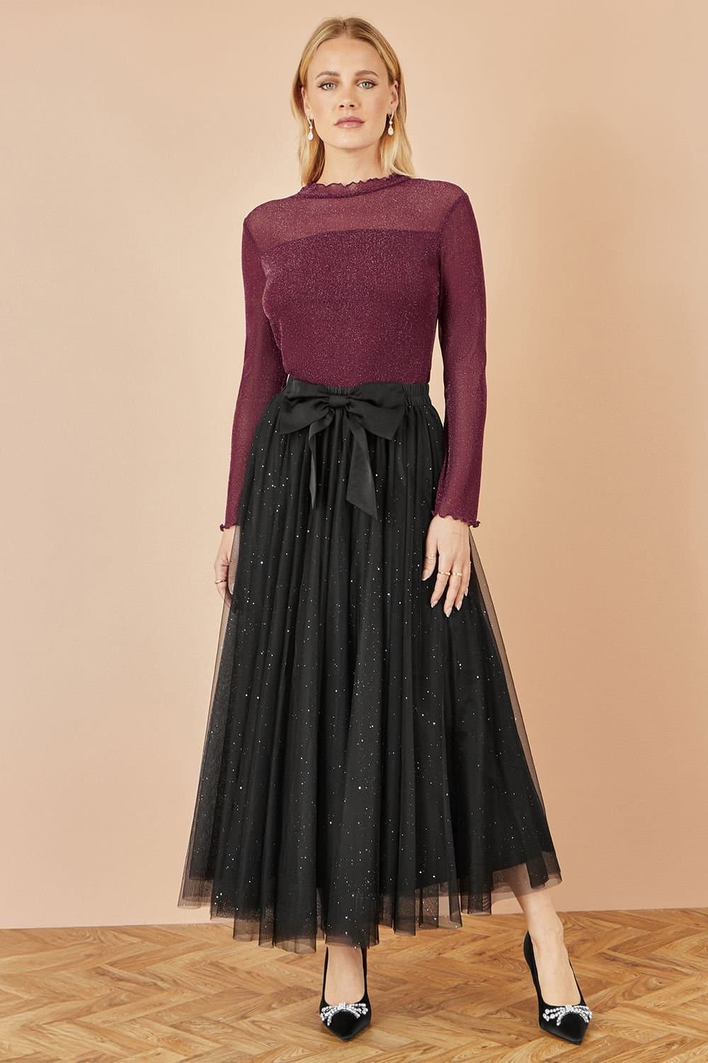 Yumi Yumi Women's Black Sparkle Mesh Tulle Skirt With Satin Bow