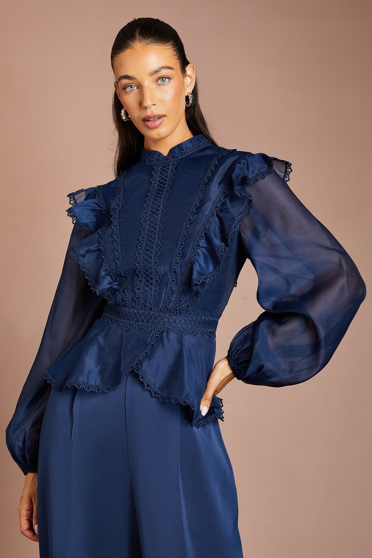 Coast Coast Women's Long Sleeve Frill Organza Blouse in Navy