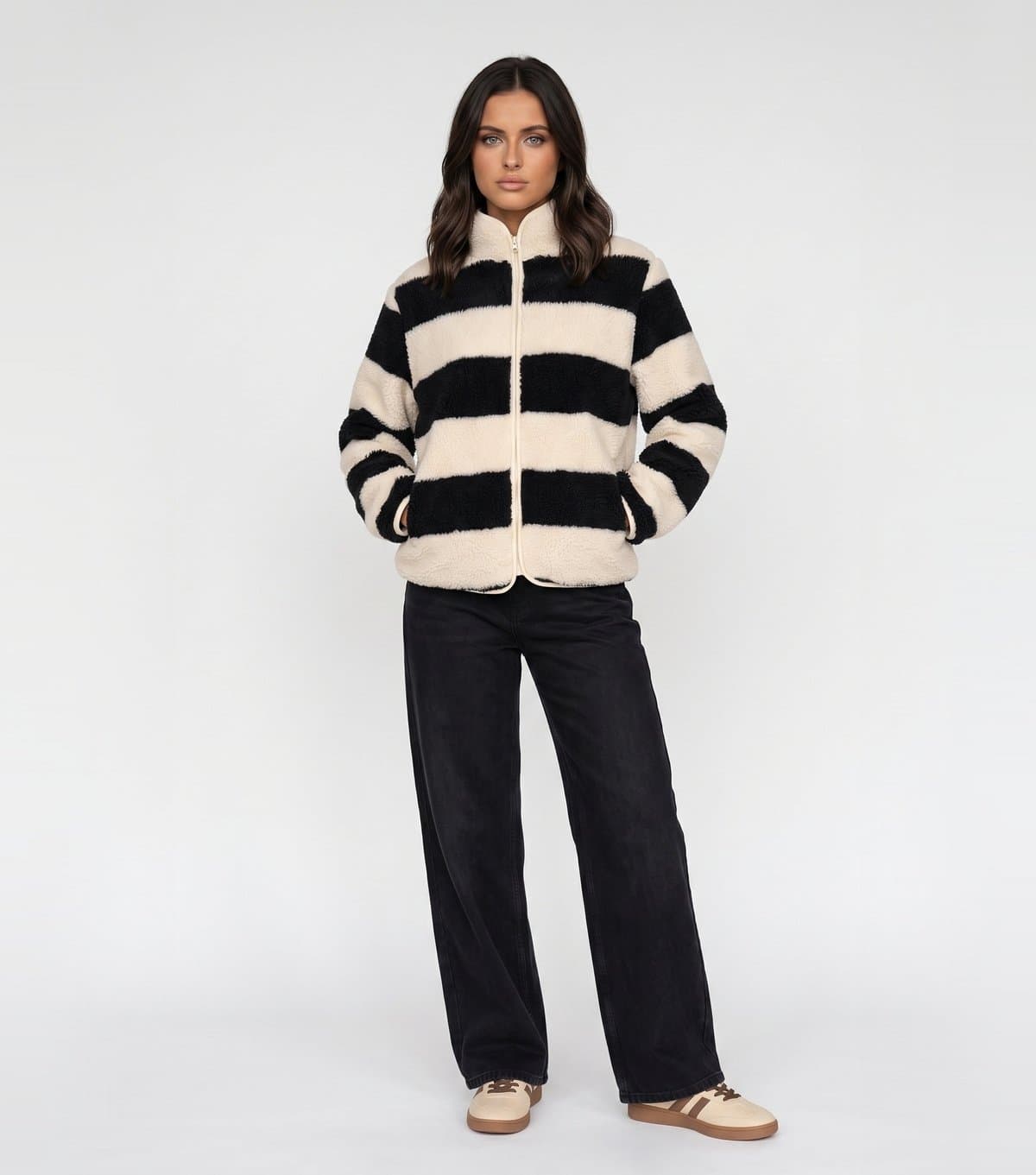 Urban Bliss Women's Black Fleece Striped Jacket Urban Bliss New Look