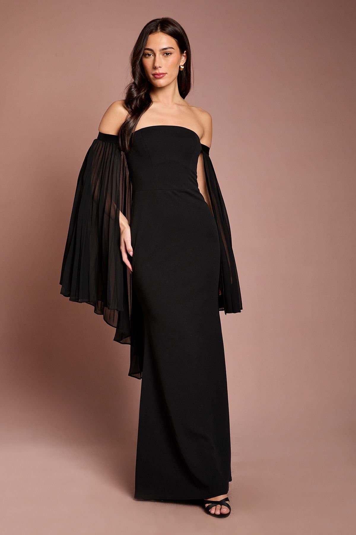 Coast Coast Women's Strapless Maxi Dress With Pleated Chiffon Cape in Black
