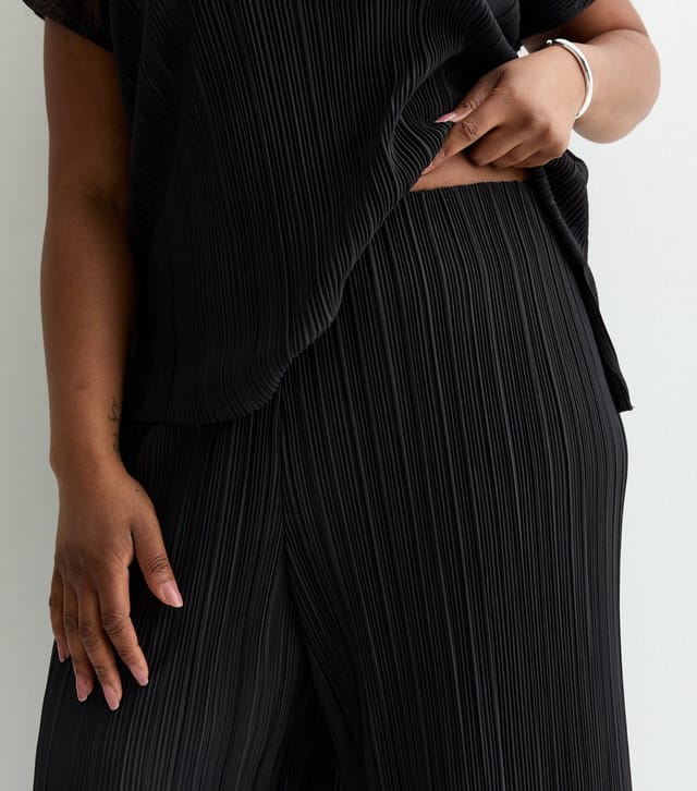New Look Women's Plus Size Black Plissé Wide Leg Trousers Curves New Look - 2