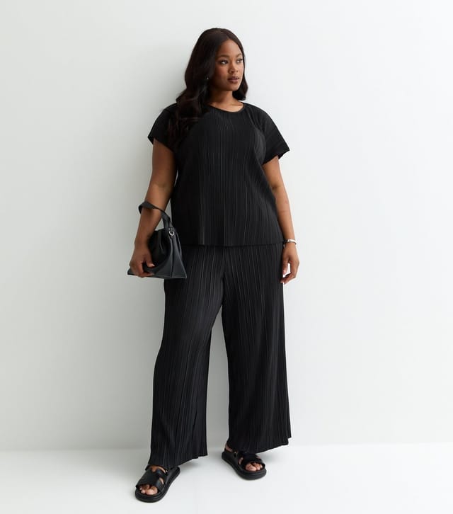 New Look Women's Plus Size Black Plissé Wide Leg Trousers Curves New Look - 3