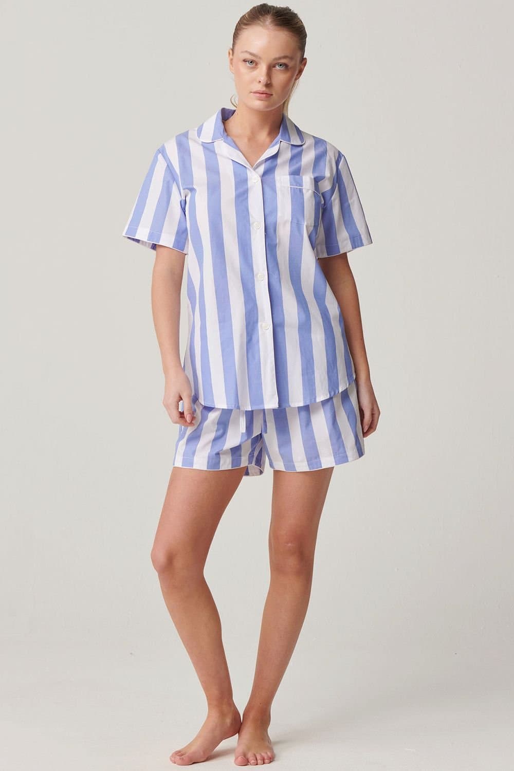 British Boxers British Boxers Women's "Boat Blue" Stripe Crisp Cotton Short Pyjama Set in Light Blue