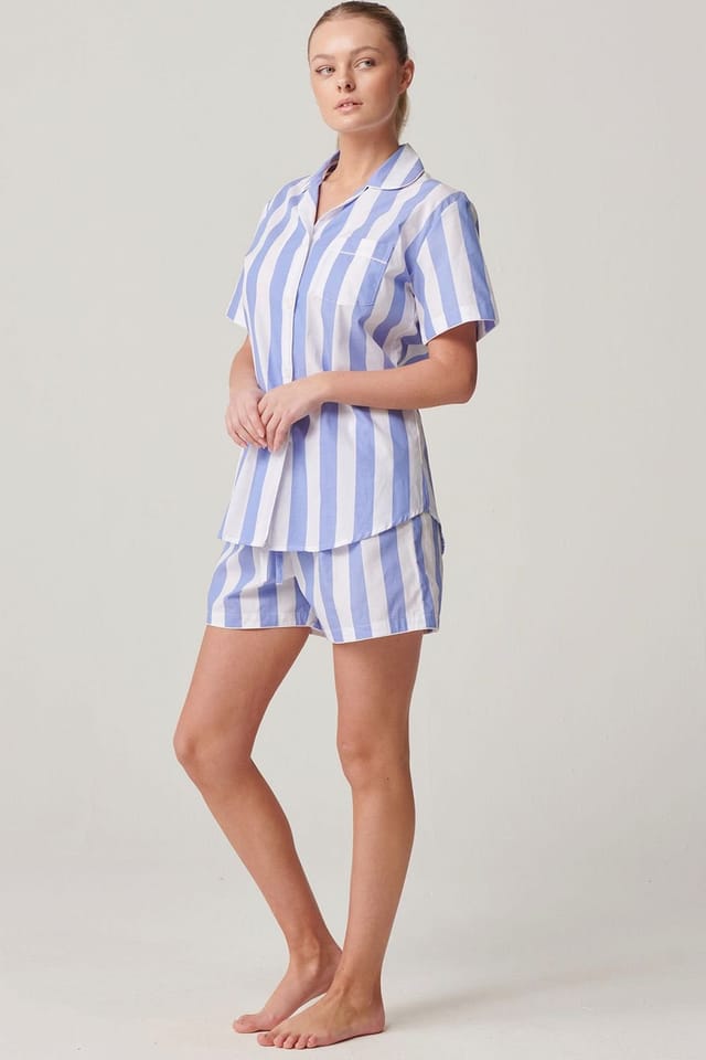 British Boxers British Boxers Women's "Boat Blue" Stripe Crisp Cotton Short Pyjama Set in Light Blue - 2