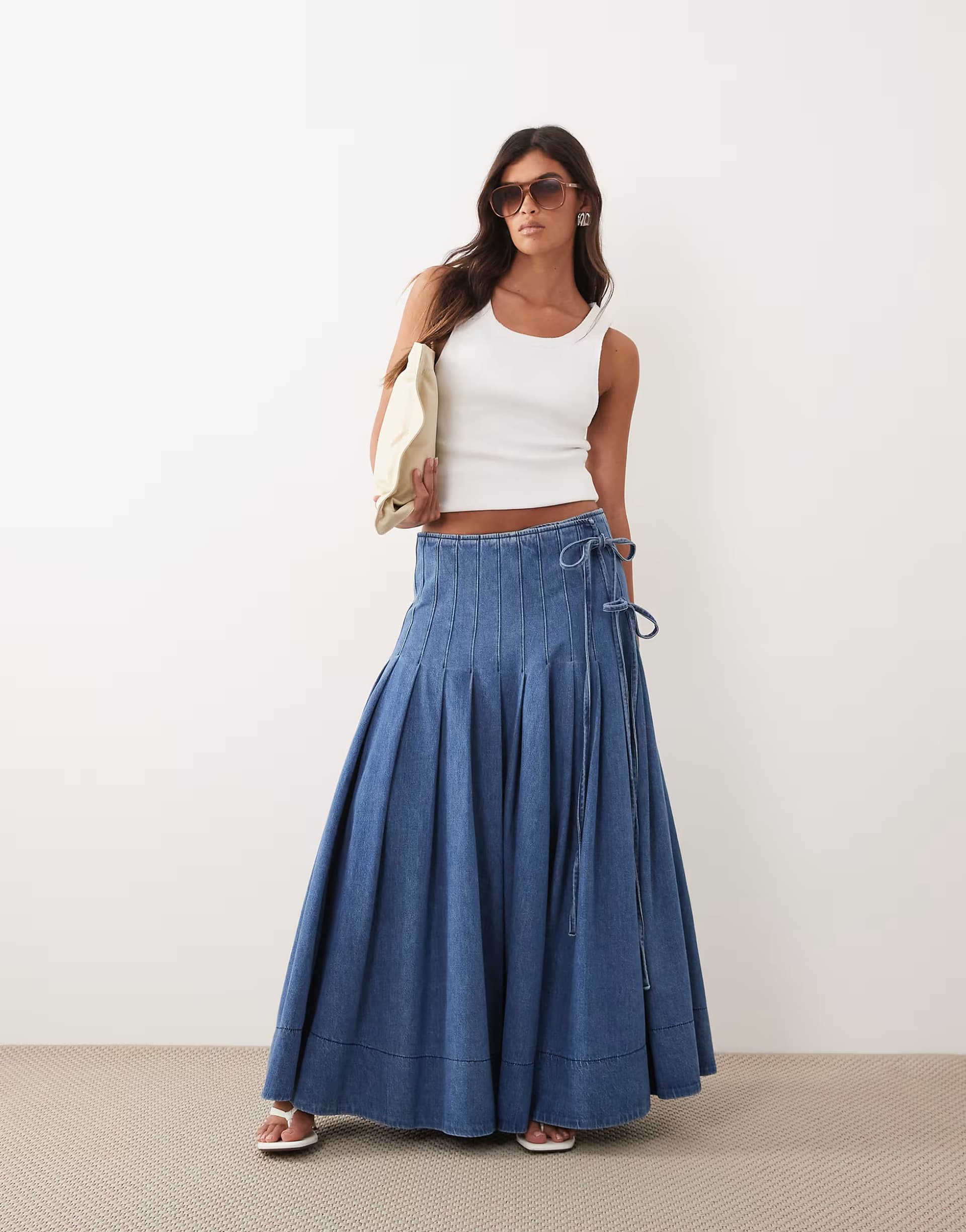 ASOS ARRANGE pleated denim midi skirt with tie detail in blue
