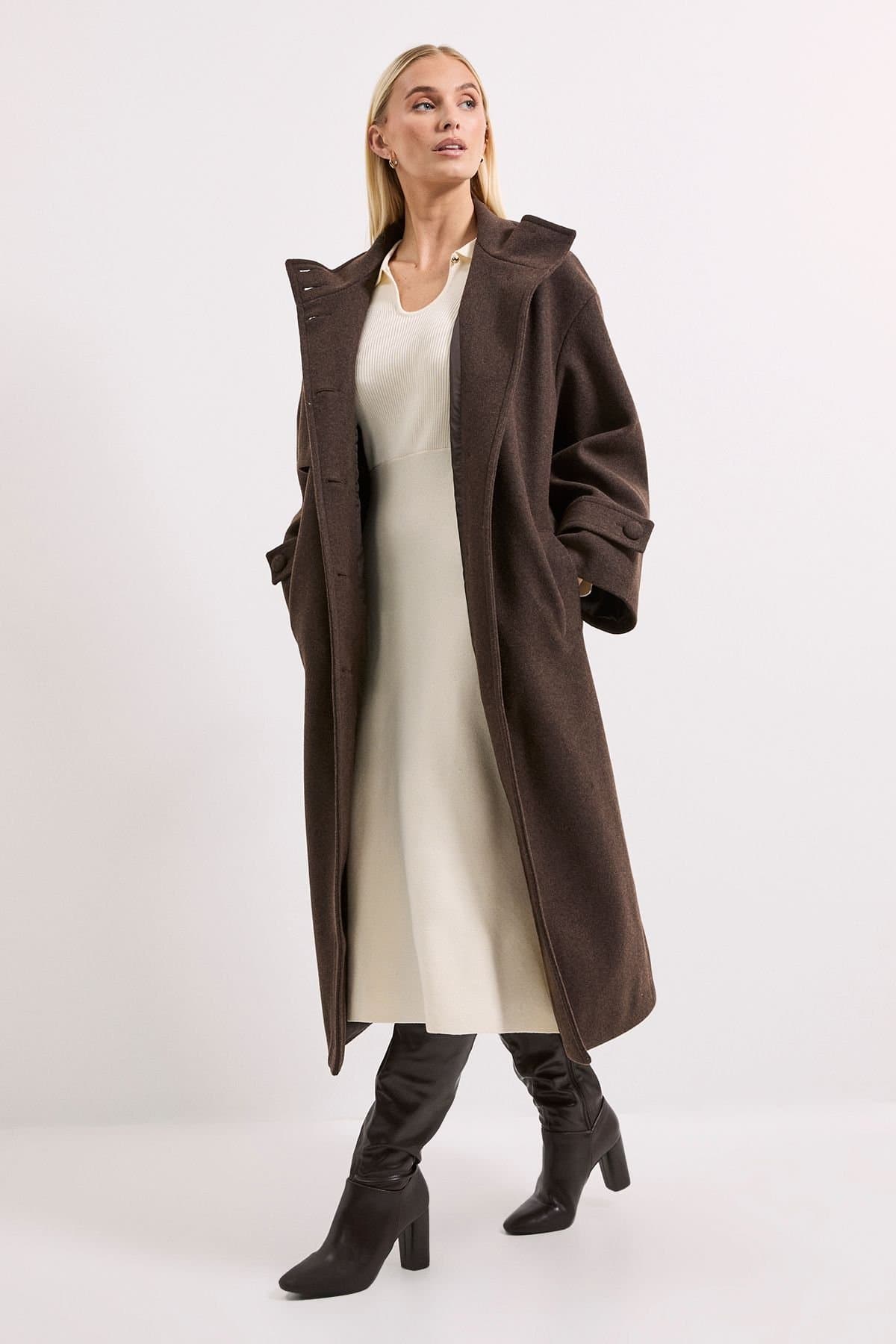 Wallis Wallis Women's Principles by Funnel Neck Button Coat in Chocolate
