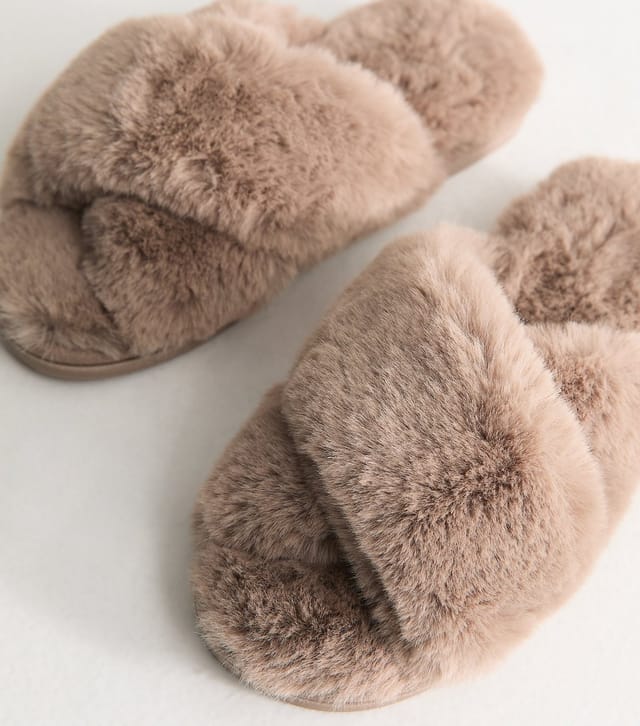 New Look Women's Light Brown Faux Fur Slider Slippers Vegan New Look - 3