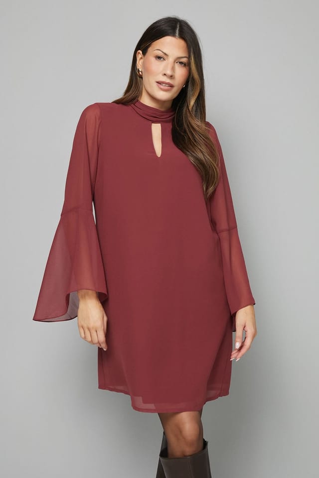 Wallis Wallis Women's Chiffon Neck Shift Dress in Wine - 2