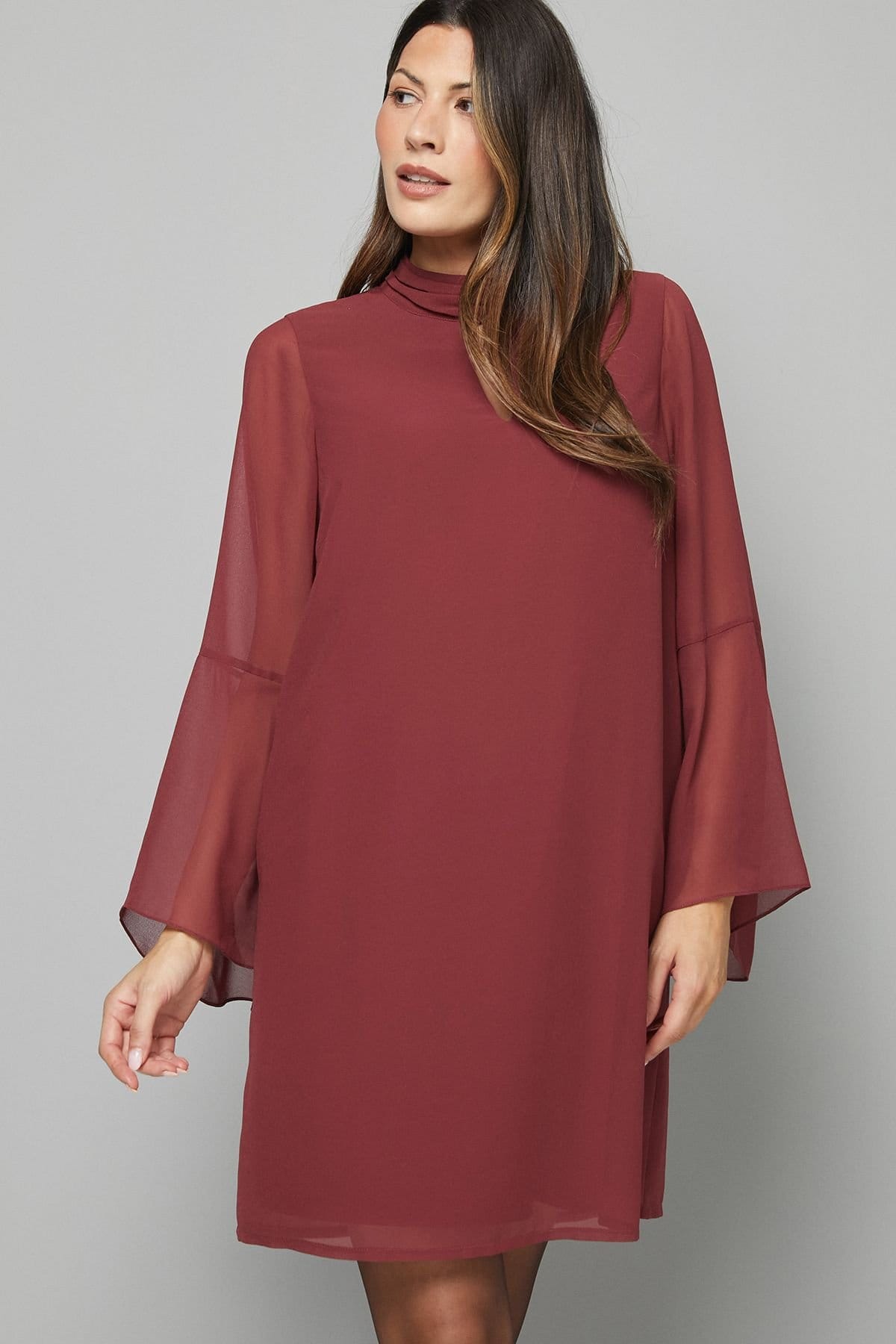 Wallis Wallis Women's Chiffon Neck Shift Dress in Wine - 4