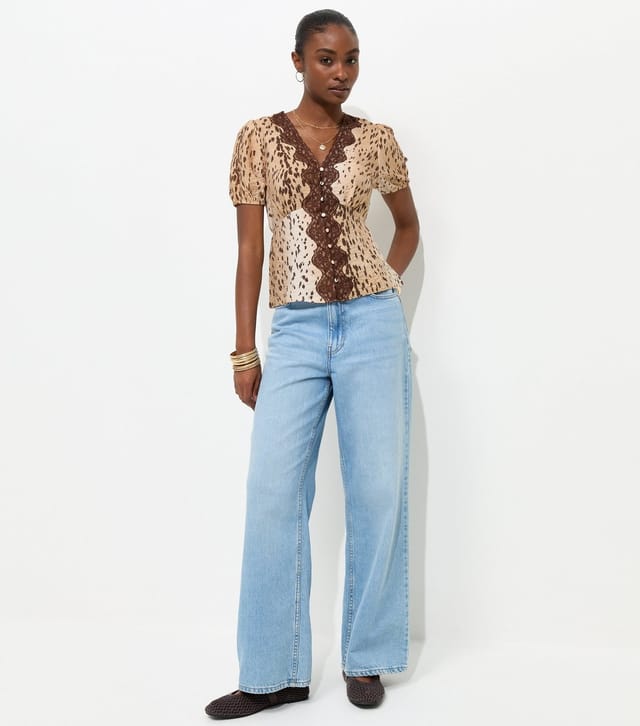 New Look Women's Brown Crinkle Texture Animal Print Lace Trim Tea Blouse New Look - 3