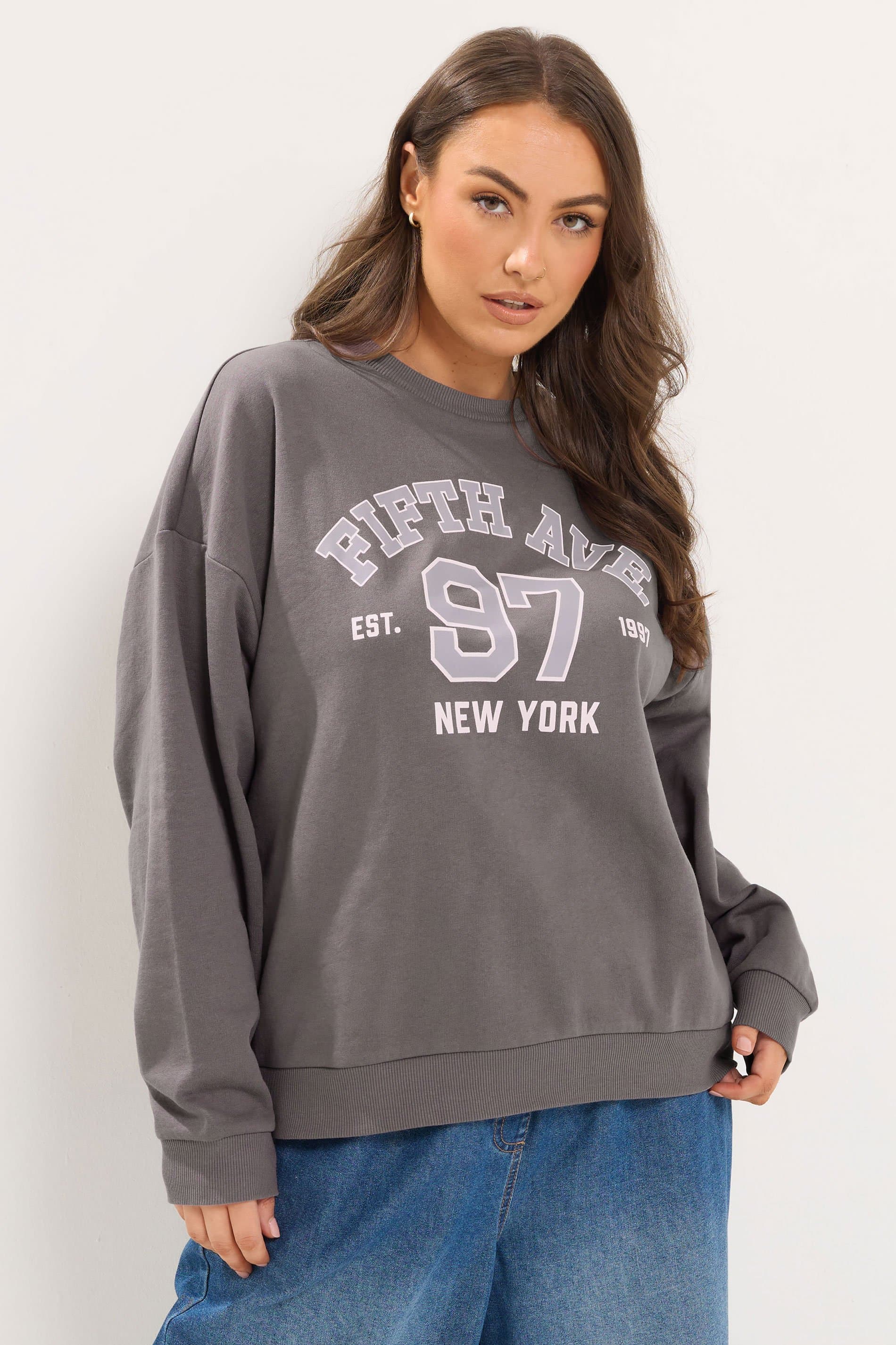 Yours Plus Size Grey 'Fifth Avenue' Slogan Sweatshirt