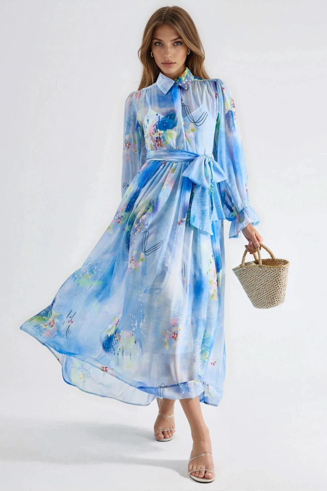 MSN Collection MSN Collection Women's Abstract Pattern Maxi Shirt Dress with Belt