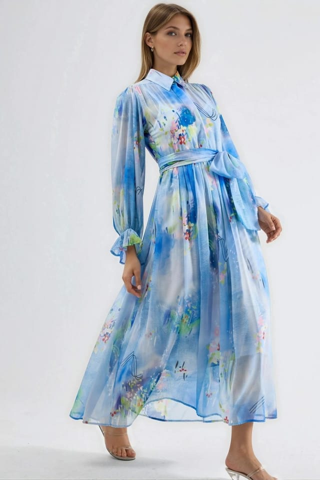 MSN Collection MSN Collection Women's Abstract Pattern Maxi Shirt Dress with Belt - 2