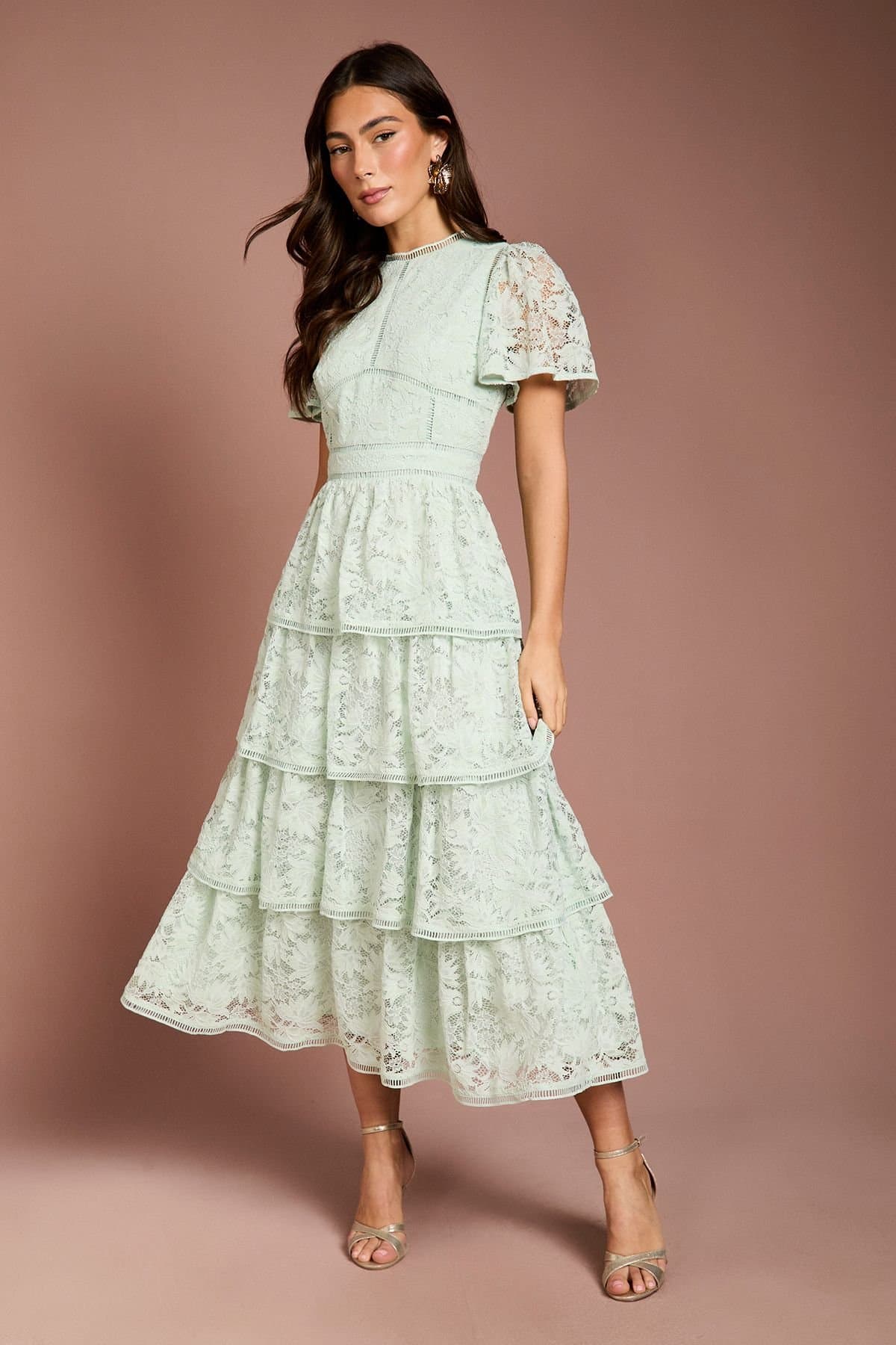 Coast Coast Women's Tiered Lace Dress With Flutter Sleeve & Trims in Sage