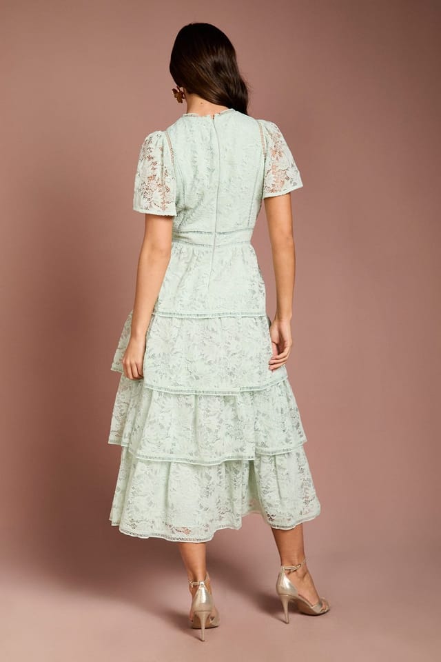 Coast Coast Women's Tiered Lace Dress With Flutter Sleeve & Trims in Sage - 3