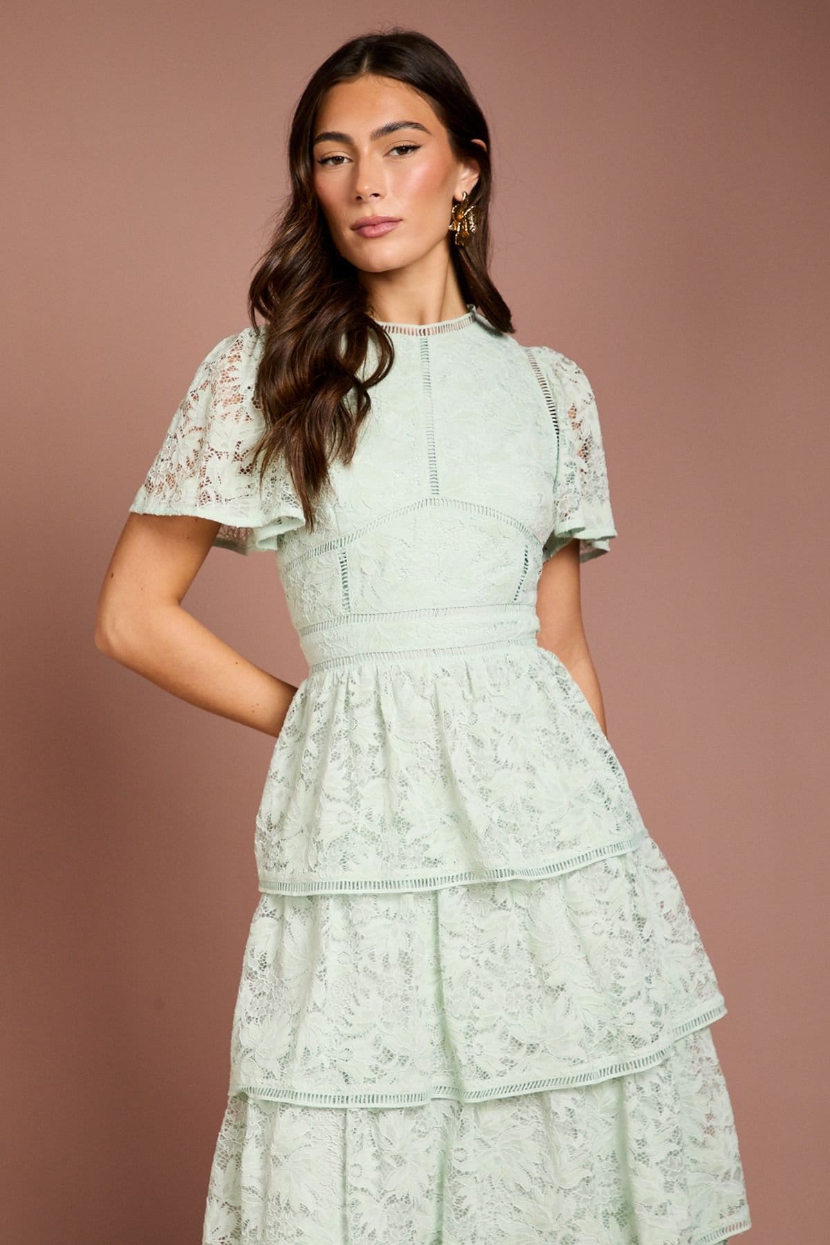 Coast Coast Women's Tiered Lace Dress With Flutter Sleeve & Trims in Sage - 4