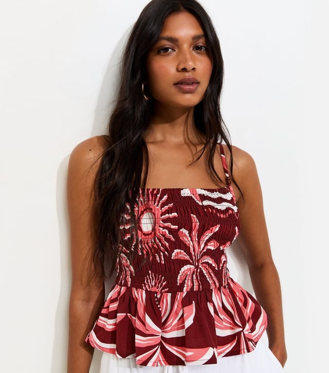 New Look Women's Burgundy Palm Print Shirred Cami Top New Look - 2