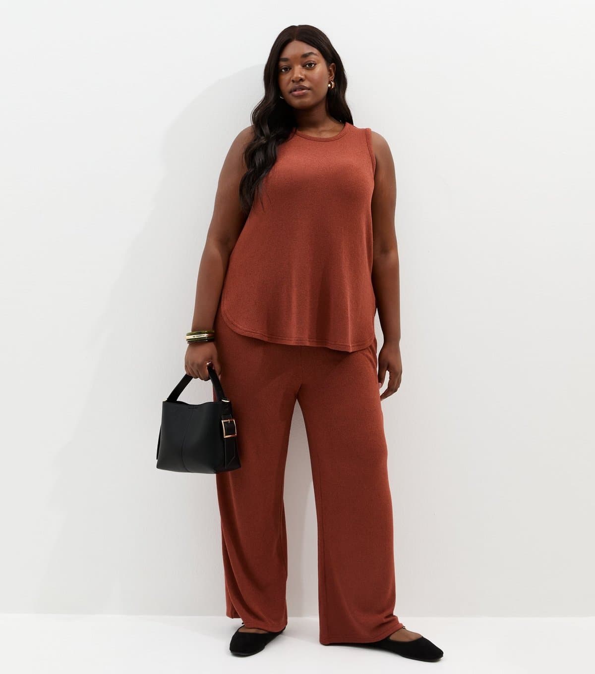 New Look Women's Plus Size Dark Red Textured Wide Leg Trousers Curves New Look
