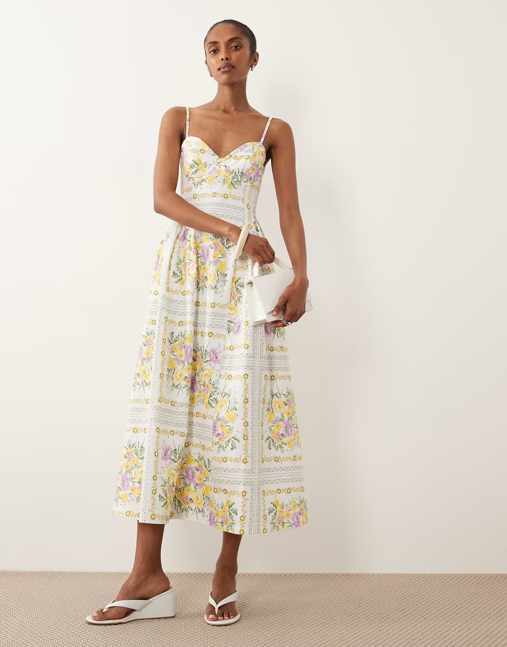 ASOS New Look flower print corset midi dress in cream