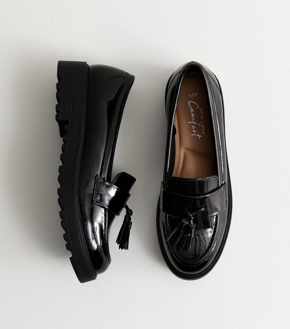New Look Women's Black Tasseled Faux Patent Leather Chunky Loafers New Look