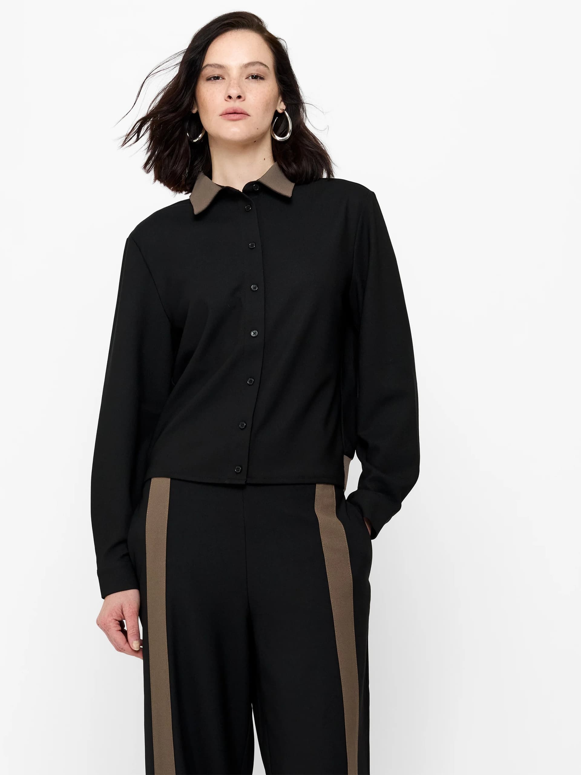 French Connection Veda Black Contrast Collar Shirt Black/Mink Brown