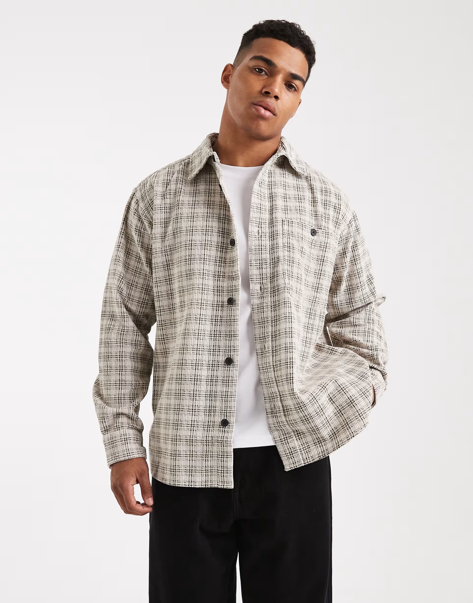 ASOS ONLY & SONS cord overshirt in dark cream check