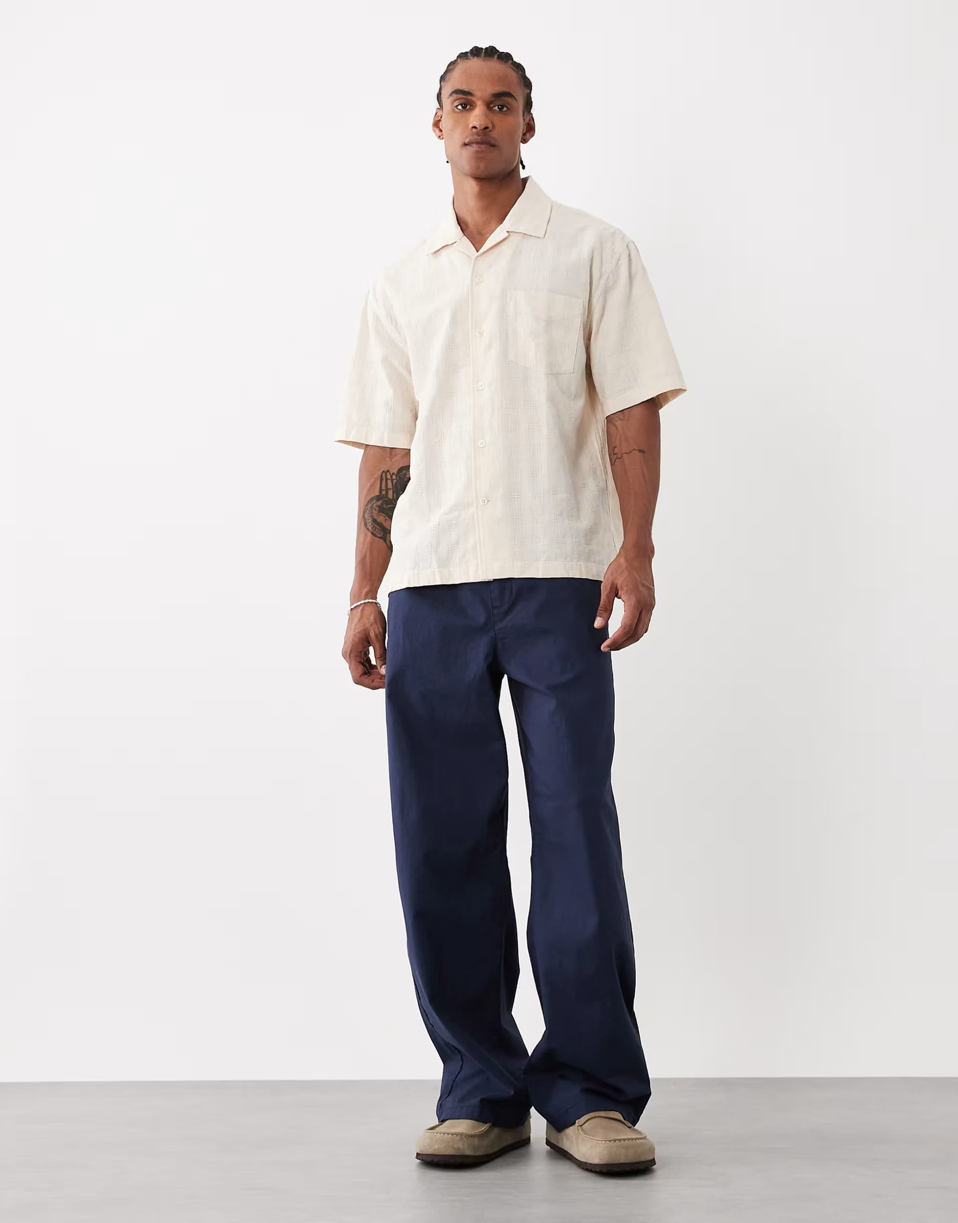ASOS ASOS DESIGN baggy fit linen blend trousers in navy