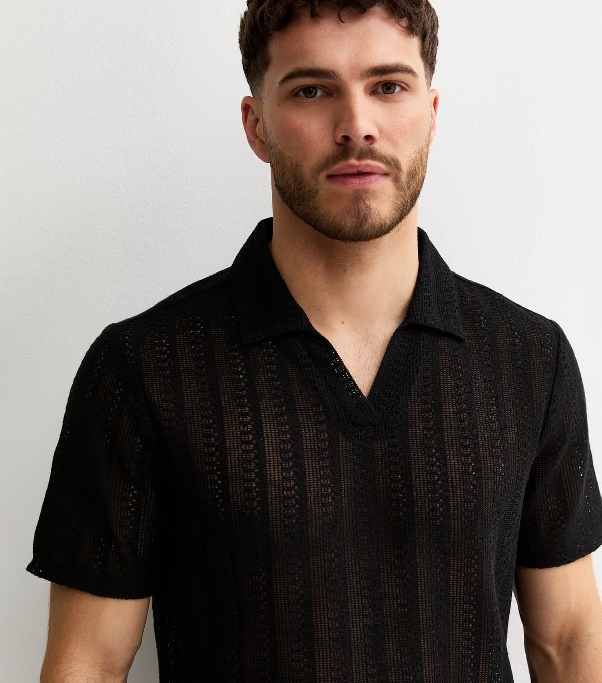 New Look Men's Black Crochet Polo Shirt New Look