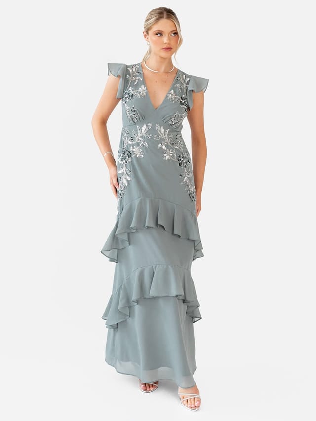 Maya Deluxe Maya Deluxe Women's Embellished V Neck Ruffle Maxi Dress in Teal - 2