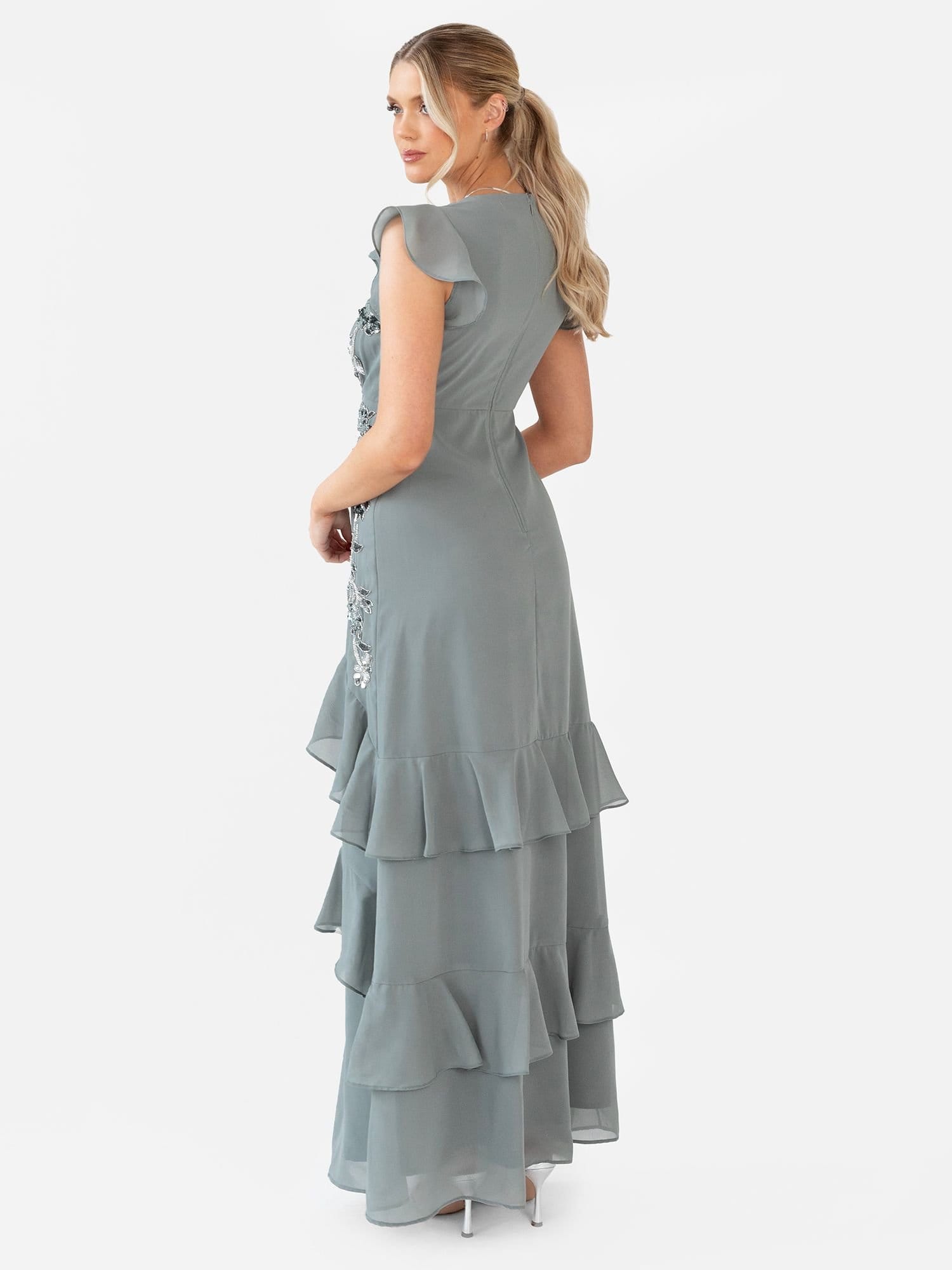 Maya Deluxe Maya Deluxe Women's Embellished V Neck Ruffle Maxi Dress in Teal - 4