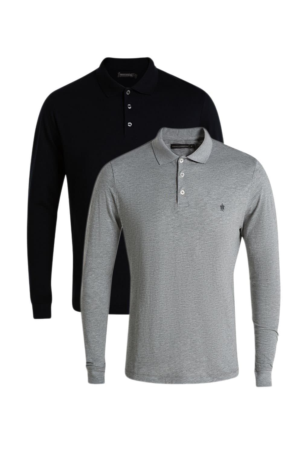 French Connection French Connection Men's 2 Pack Cotton Long Sleeve Polo Shirts in Navy