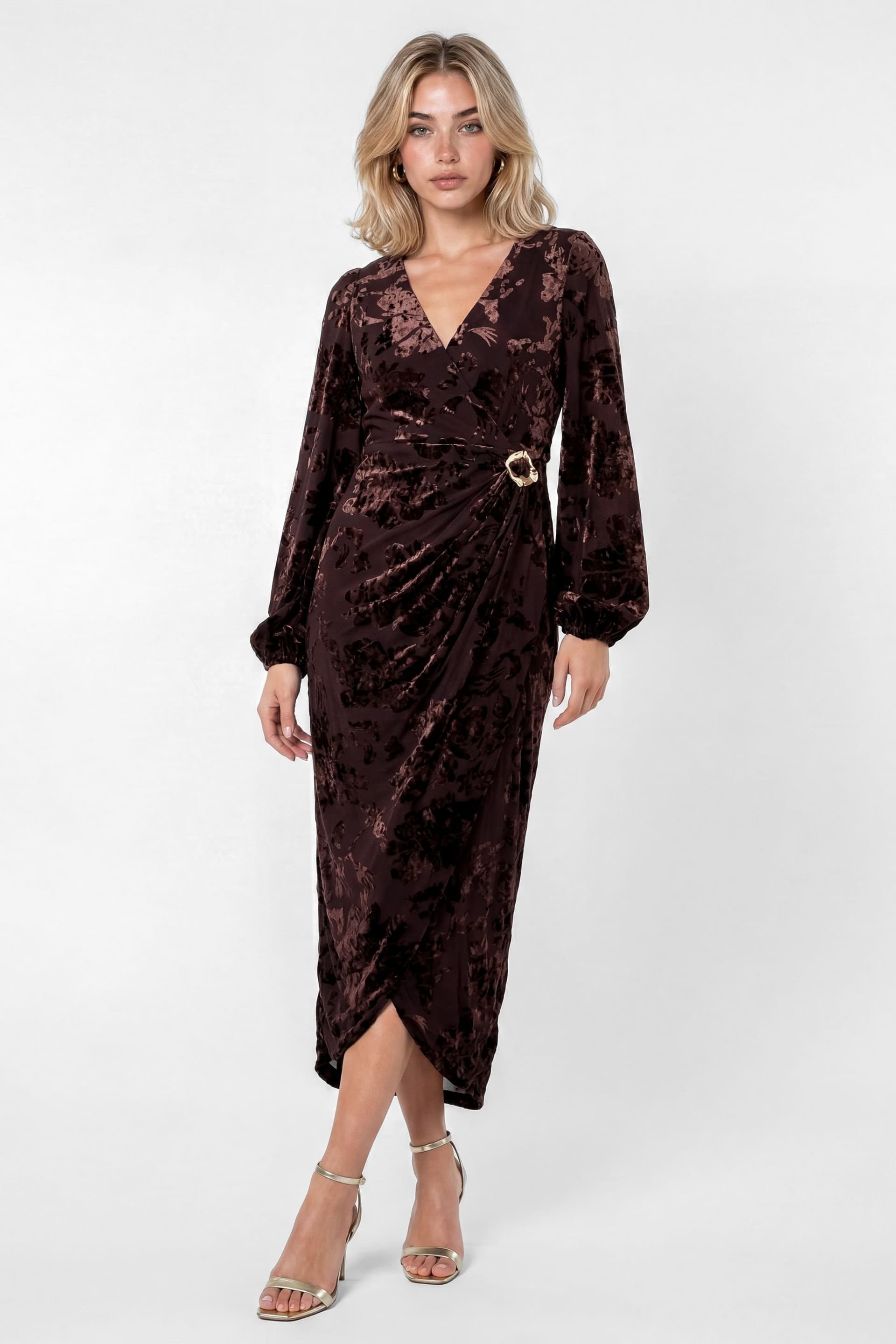 Lovedrobe Lovedrobe Women's Floral Velvet Devore Faux Wrap Midaxi Dress in Brown