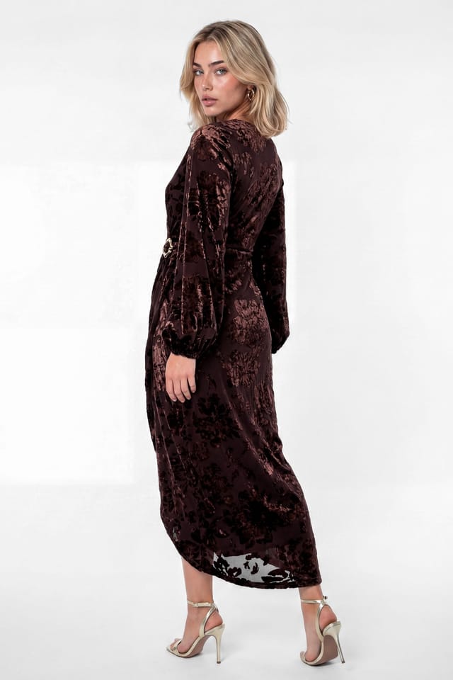 Lovedrobe Lovedrobe Women's Floral Velvet Devore Faux Wrap Midaxi Dress in Brown - 2