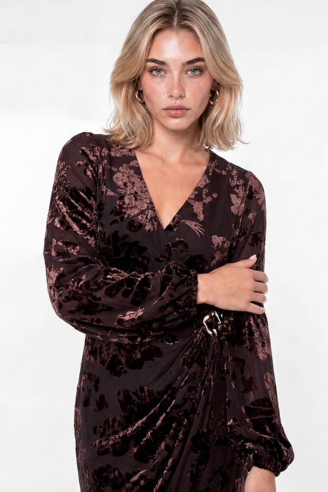 Lovedrobe Lovedrobe Women's Floral Velvet Devore Faux Wrap Midaxi Dress in Brown - 3