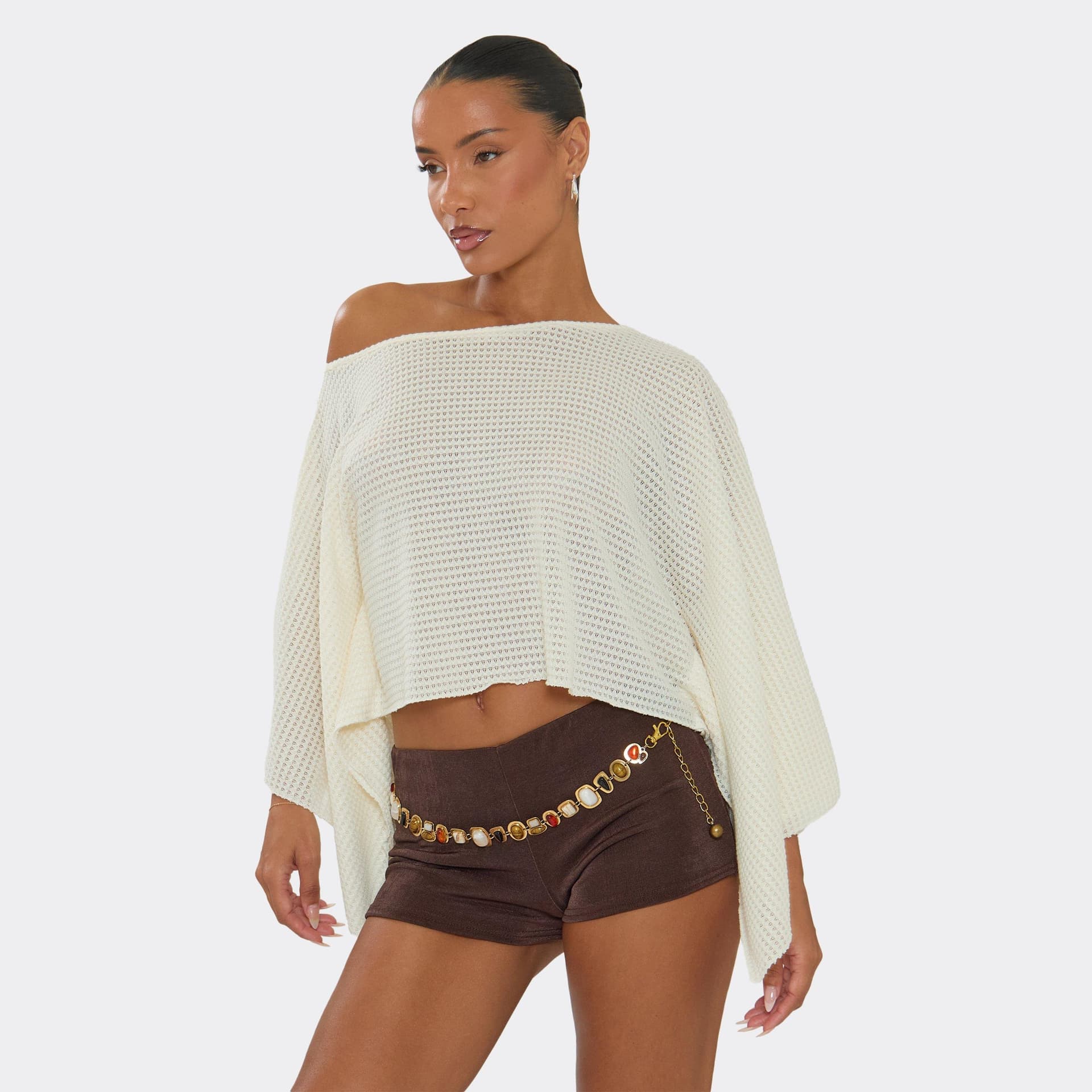 EGO EGO White Off-Shoulder Asymmetric Cape Top